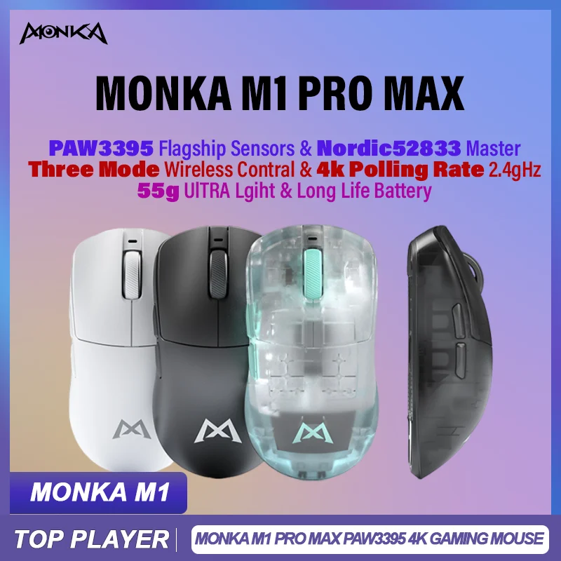 

Monka M1 Pro Max Gaming Mouse Paw3395 Nordic52833 4k Polling Rate 2.4g Three Mode Wireless 55g Lightweight Fps Esport Mice