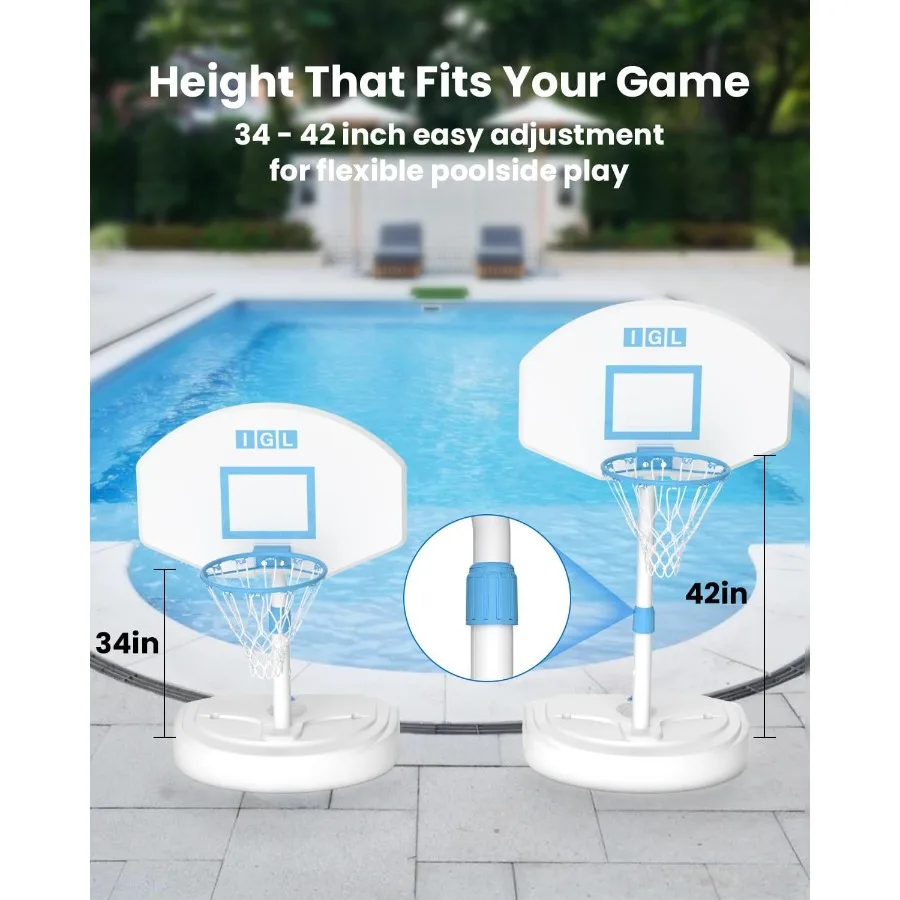 Poolside Basketball Hoop for Swimming Pool with 36-Inch Backboard Height-Adjustable Design Durable Stainless Steel Rim Perfect
