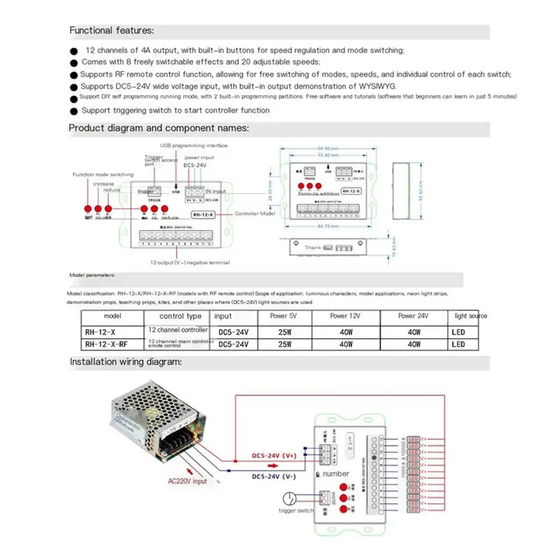 RF Remote Controlled DC5-24V 12-Channel Single Color LED Controller Programmable RGB Module