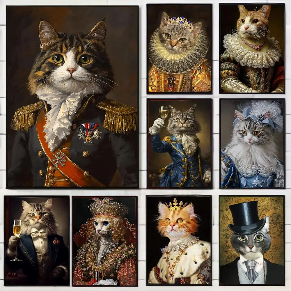 Aristocratic Cat Portraits Painting Calligraphy Stylish Wall Art Poster, Bedroom Living Room Home Decor Gift