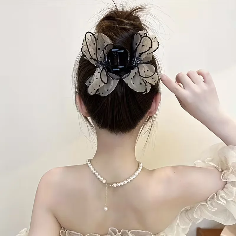1 pc, polka dot mesh bow hair clip, women's bow hair clip, medium size updo hair clip, suitable for everyday wear, parties.