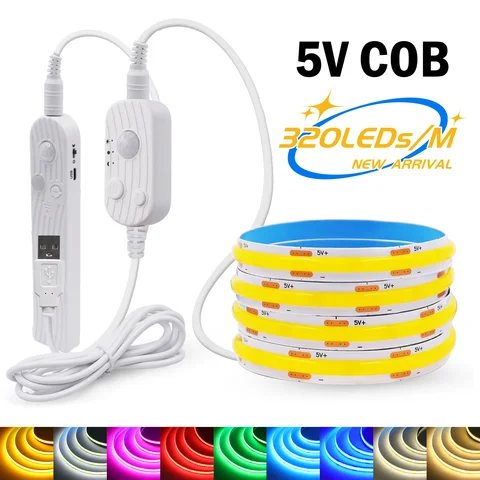 8MM COB LED 스트립 빛 5V 320LED/M 모션 센서 디밍이 가능한 유연한 LED 테이프 리본 USB/배터리 전원 DIY 백라이트 룸