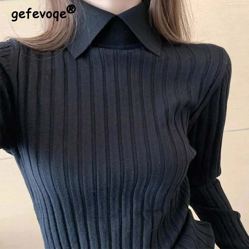 Women Korean Fashion Elegant Polo Collar Ribbed Knitted Sweater Autumn Winter Solid Long Sleeve Slim Pullover Tops Basic Jumper