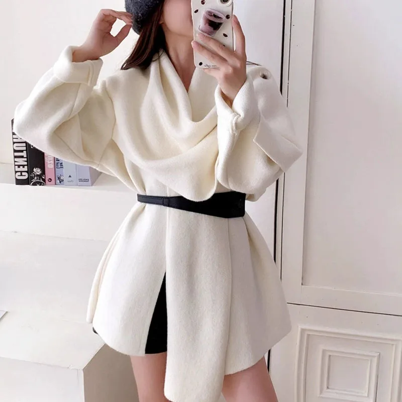 Herbst Winter Design Stil Neue Pendeln Graben Mantel Dame Casual Reine Farbe Outwear Trendy Asymmetrie Schal Kragen frauen Mantel