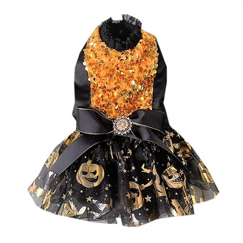 Handmade Dog Clothes Pet Supplies Halloween Costume One Piece Pumpkin Dress Shinny Sequins Lace Tulle Skirt  Magic 2 Options