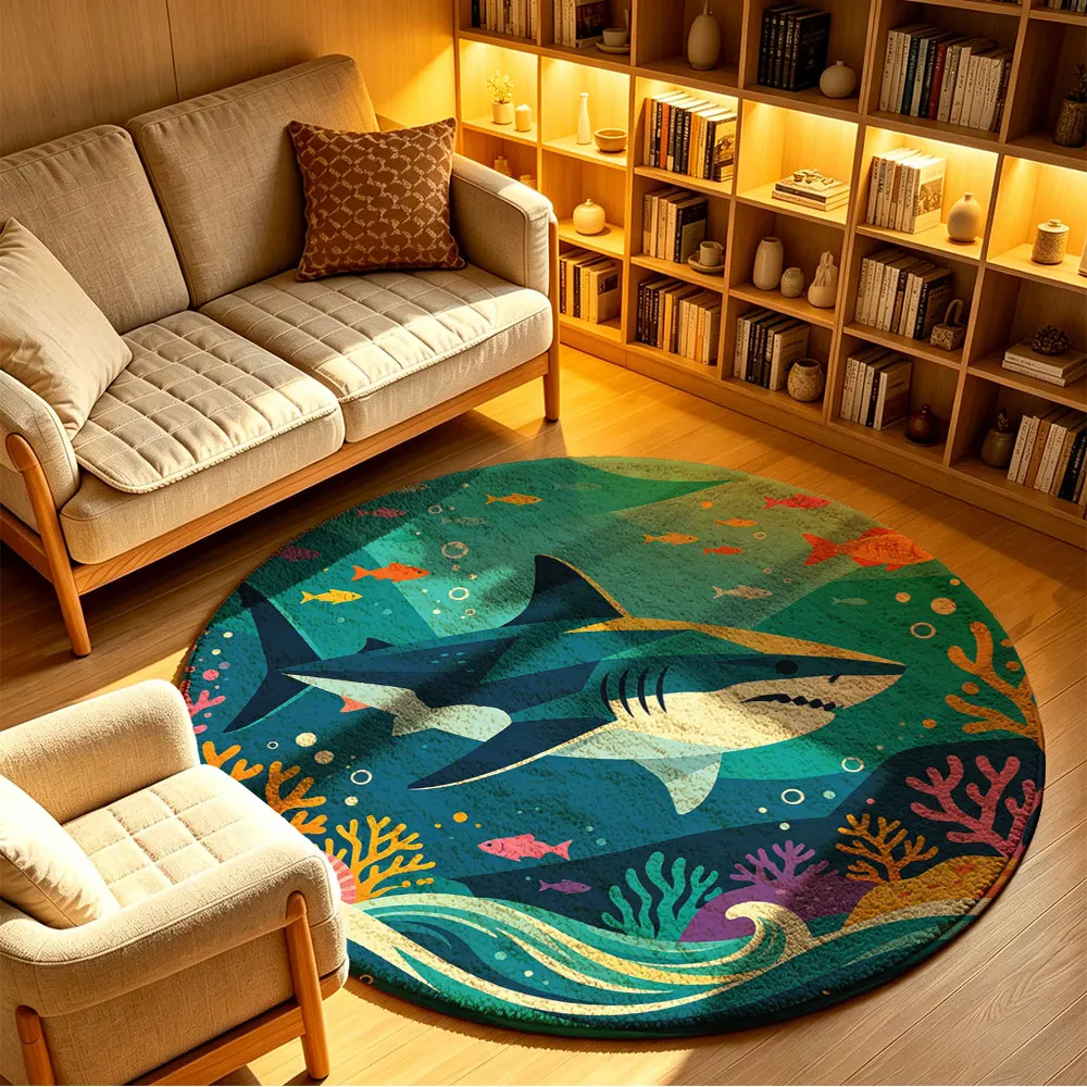 Round Floor Mat Non-Slip Washable Shark Ocean Coral Pattern Rug for Living Room Bedroom Bathroom Decor