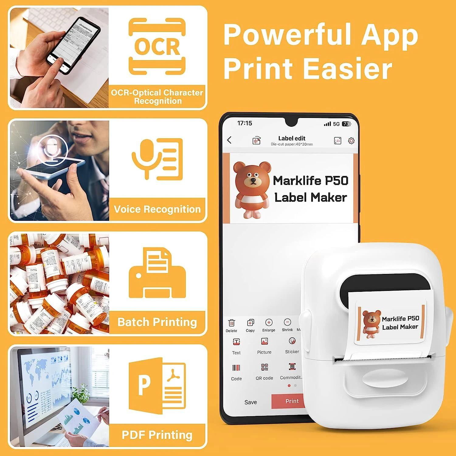 طابعة ملصقات حرارية صغيرة Marklife P50 مماثلة لصانعة الملصقات B1 B21 ماكينة لصق الملصقات البيضاء أو ورق ملصقات 1PK بدون حبر