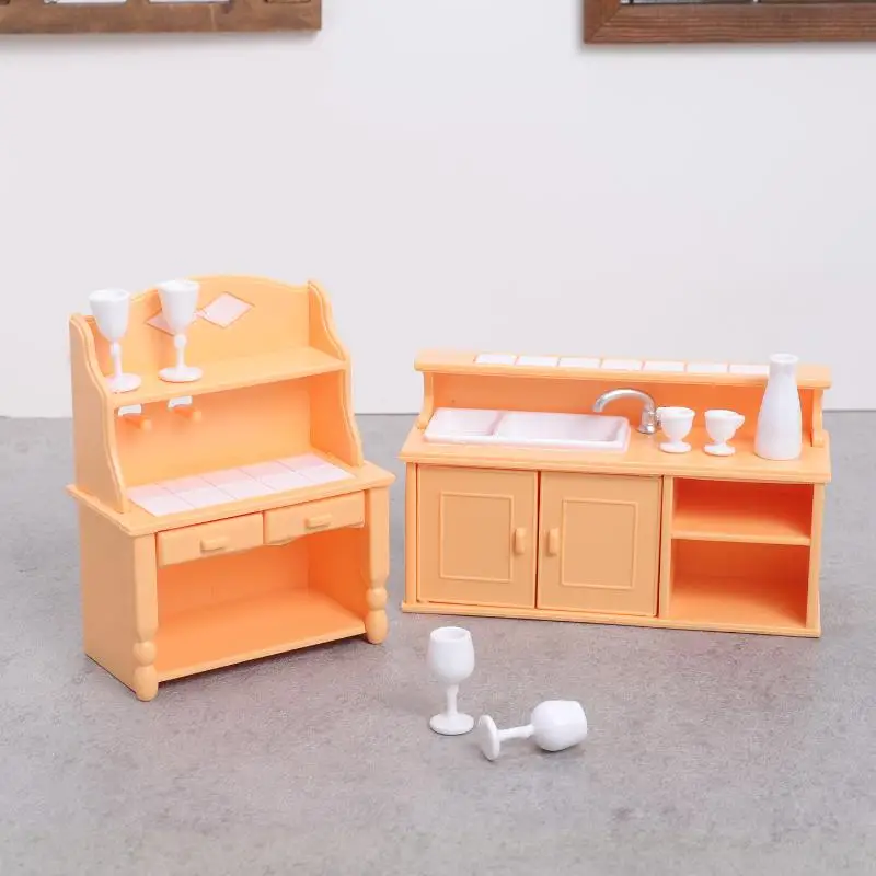 (.) 1 Set Dollhouse Kitchen Furniture Kit 1:12 Scale Sink Cabinet With Wine Glasses Dollhouse Accessory For Kids Pretend Play view 4