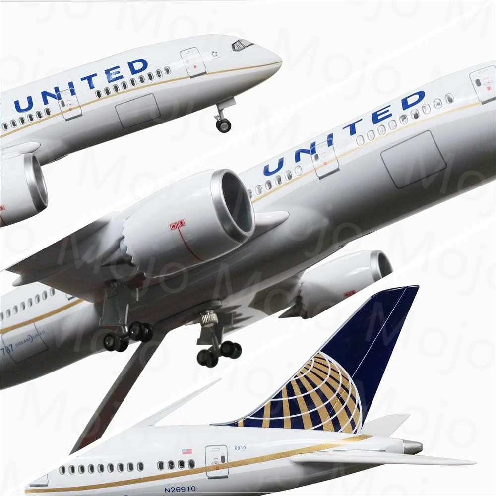 1:130 Scale 43cm 787 Boeing Jet United Airlines B787 Planes Model Die-Cast Resin Aircraft Ornament with LED Lights for Gift Givi