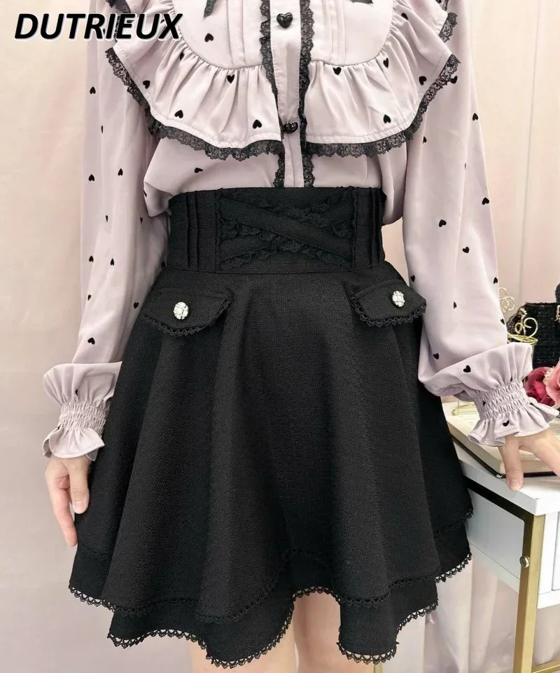 

Summer Tweed Double Belt Heightened Solid Color Elegant Fashion Women's Casual Skirts Simple Short High Waist Skirt for Lady