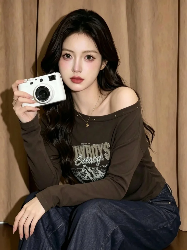 American Style Vintage Print Shoulder Length Sleeve T-Shirt Women's Loose Slimming Lazy Feelings Shoulder Exposure Top