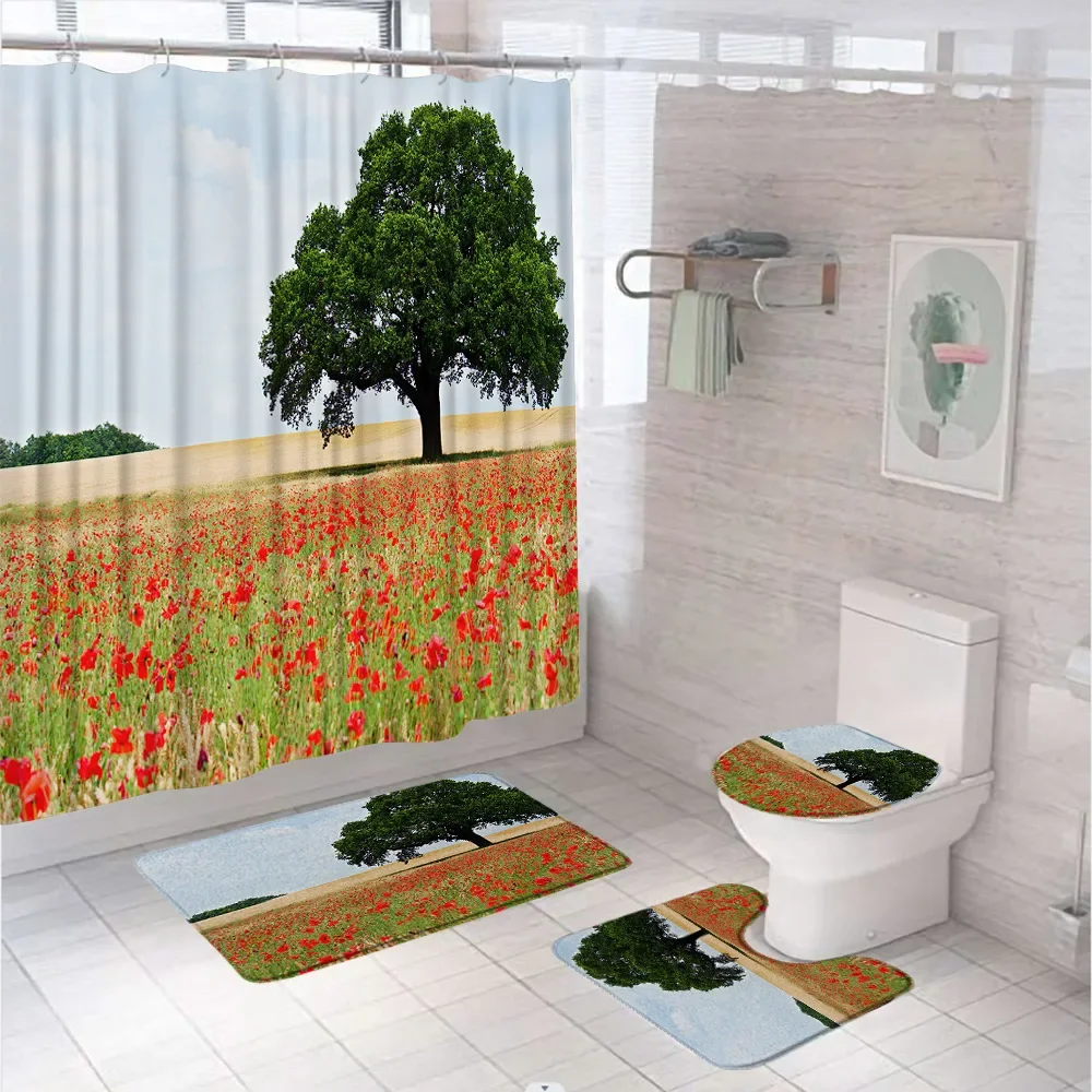 Country Field Tree Shower Curtain Set Natural Scenery Blue Sky White Cloud Bathroom Curtains Non-Slip Rug Toilet Cover Bath Mat