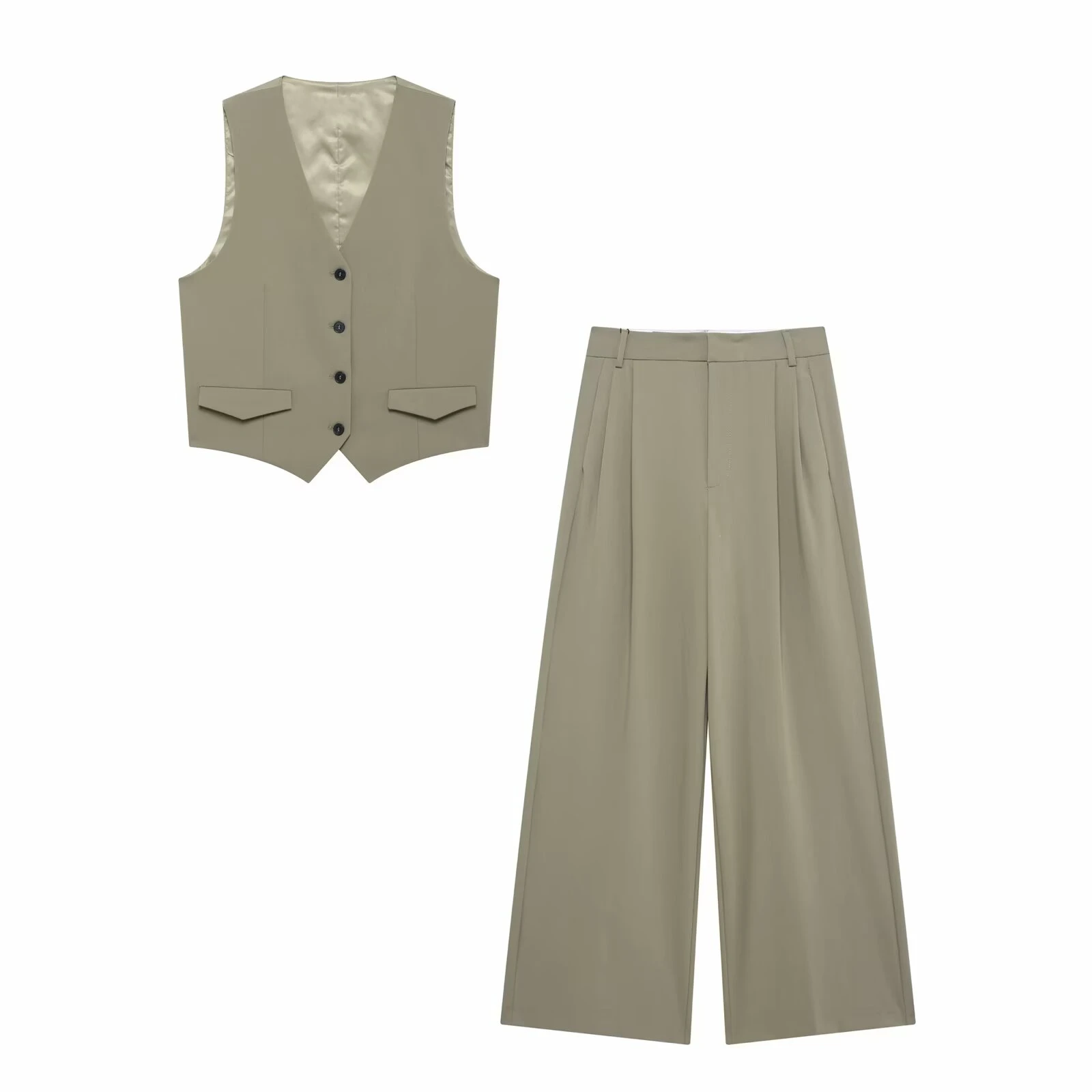 

PB&ZA2025 Spring New Women's Casual Simple V-neck Vest + Double Pleated Loose and Comfortable Lazy Style Trousers