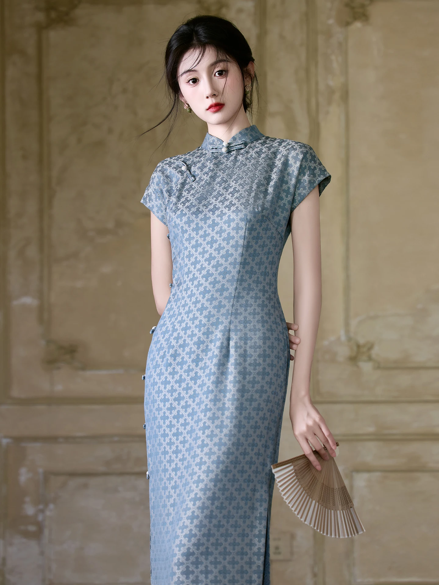 Vestido Retro Azul Tradicional de Una Pieza con Corte o, Abierto por Delante, de Cuadros Vichy y Manga a la Altu...