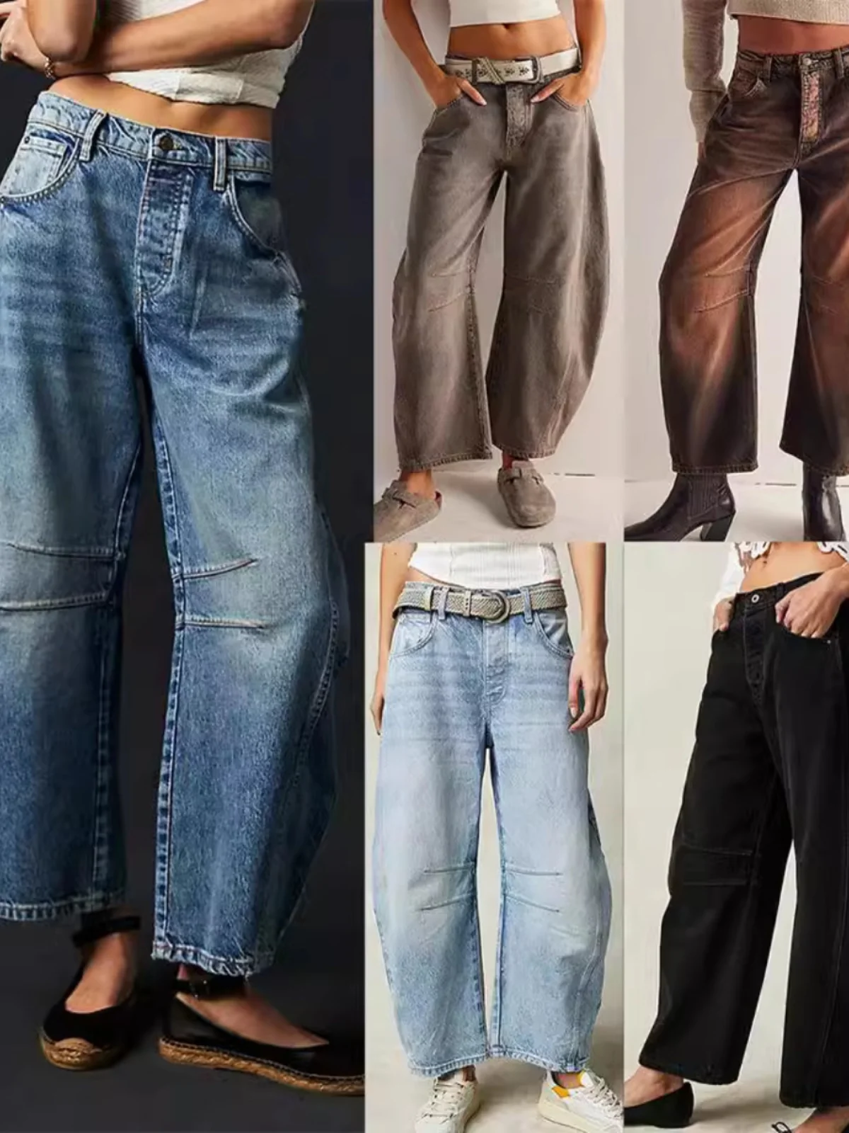 Calças Jeans Casuais Fenas Largas 2024 Outono Cintura Baixa Nove Pontos Denim Azul Calças Casuais Largas para Mulheres