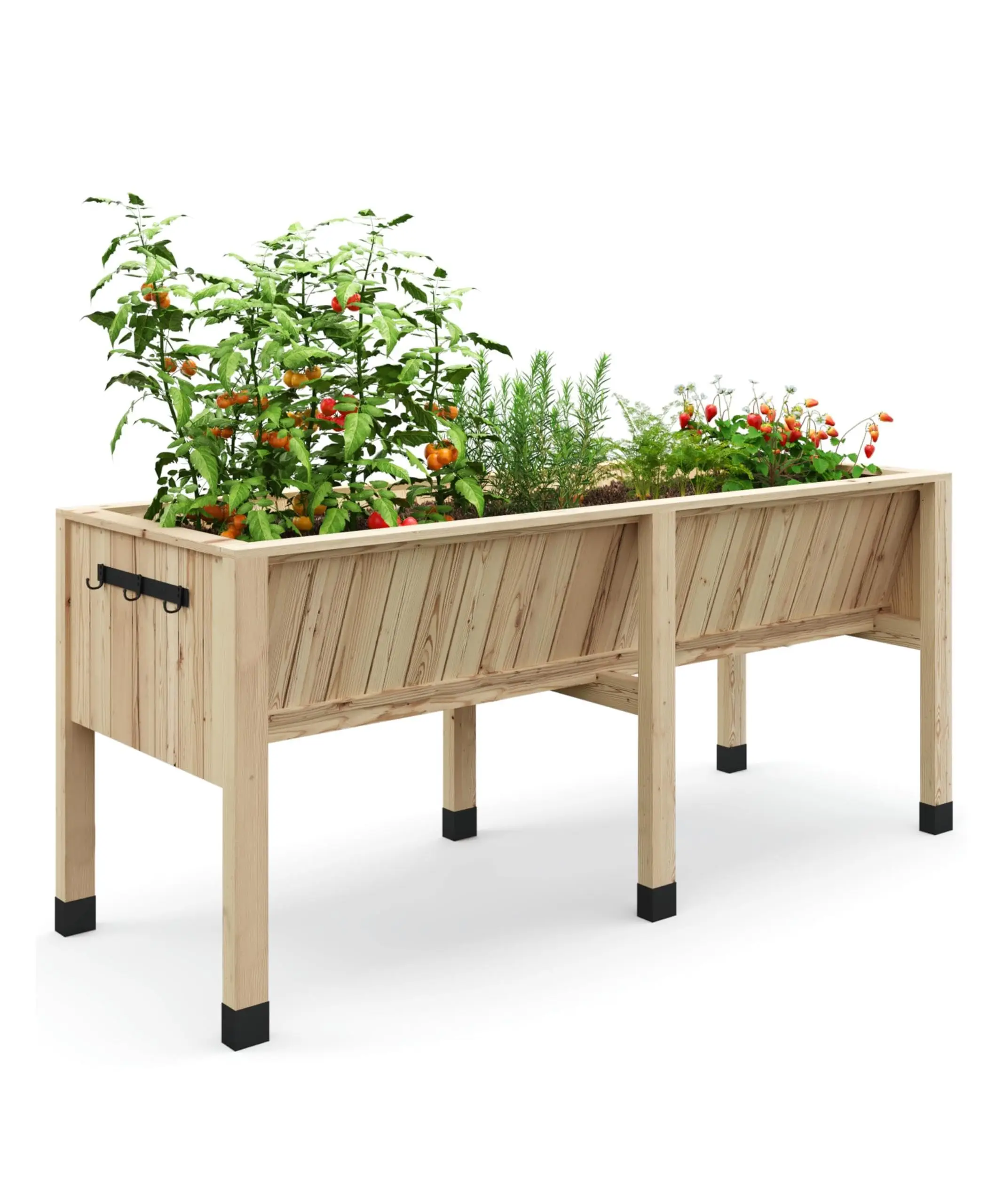 Grand potager surélevé en bois avec pieds, dimensions 72x26x31 pouces, bac de plantation profond avec crochets et revêtement, pour terrasse, balcon, jardin, légumes, herbes aromatiques, fleurs, couleur bois naturel.