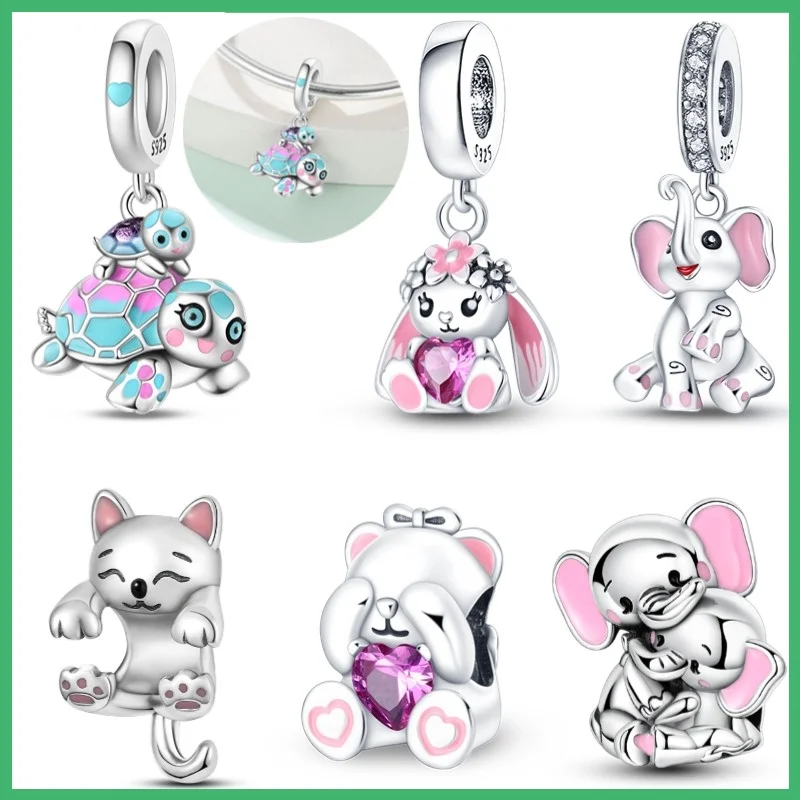 Original 925er Sterlingsilber, Elefant, Kaninchen, Katze, Schildkröte, modische Charm-Perle für Damen, geeignet für DIY-Armbänder