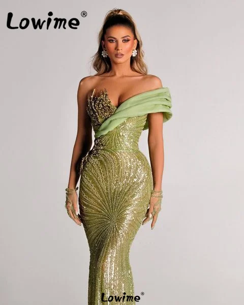 Aso Ebi Arabic Evening Dress Green Beaded Off Shoulder Mermaid Prom Dress Sequined Party Engagement Gowns Dresses Robe De Soiree