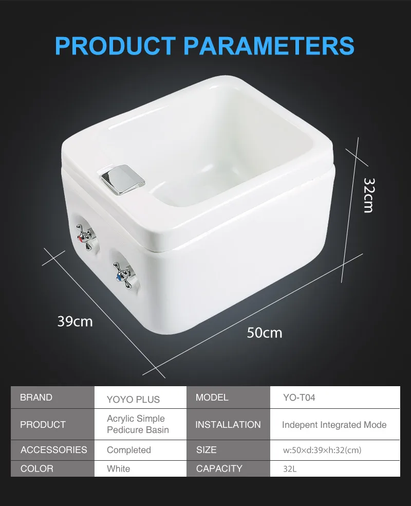 Salon footbath sink classic pedicure chair basin large soaking tub with massage simple design square white bowl