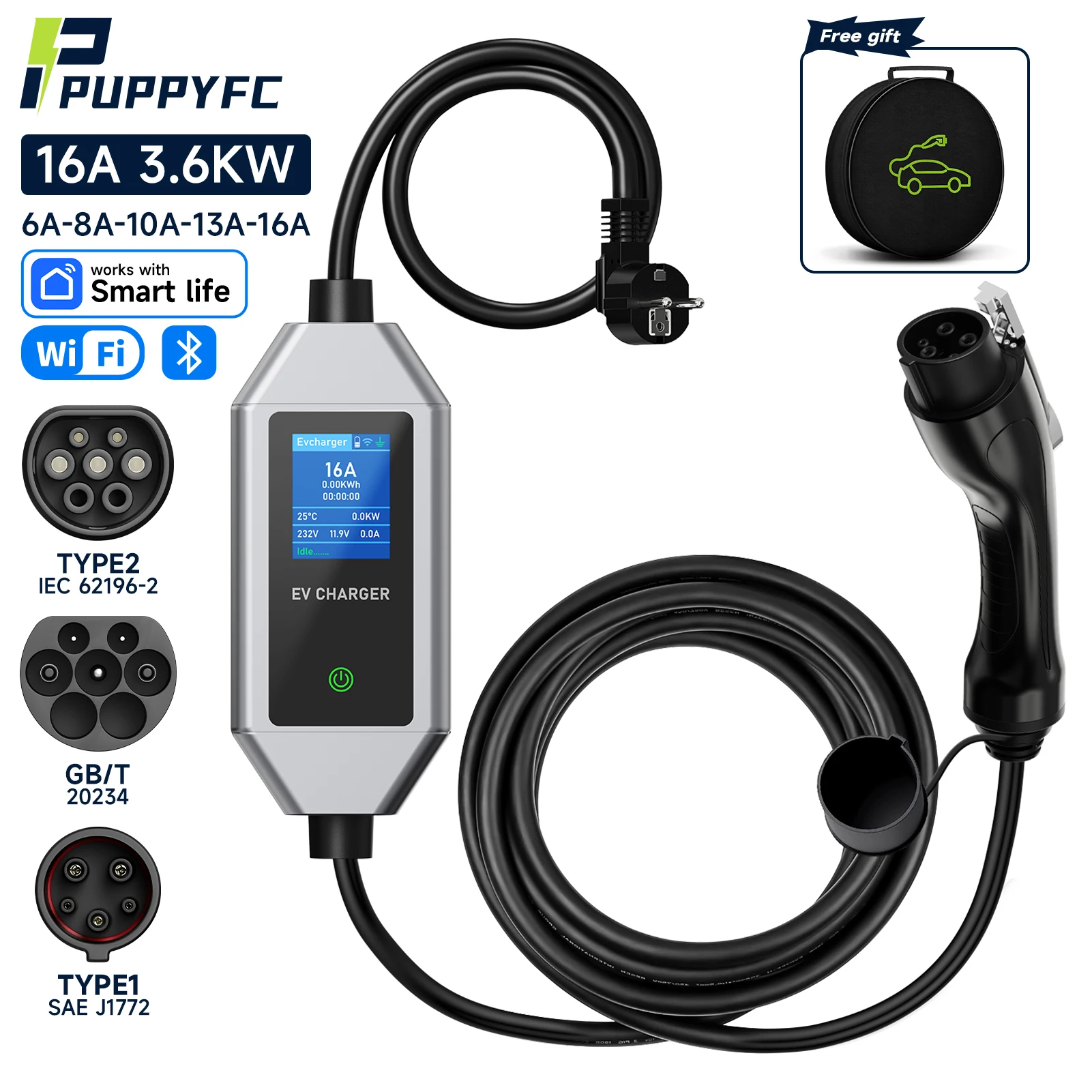 

Портативное зарядное устройство Puppyfc EV Type2/GB/T, разъем 16A, 1 фаза, 3,6 кВт, тип1, зарядная станция Wallbox для электромобиля