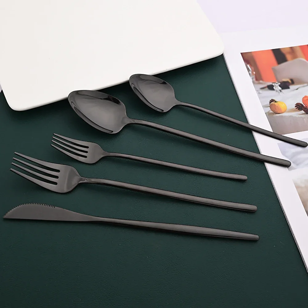 30Pcs Black Dinnerware Set Western Tableware 18/10 Stainless Steel Dessert Fork Knife Spoon Cutlery Set Home Party Flatware Set