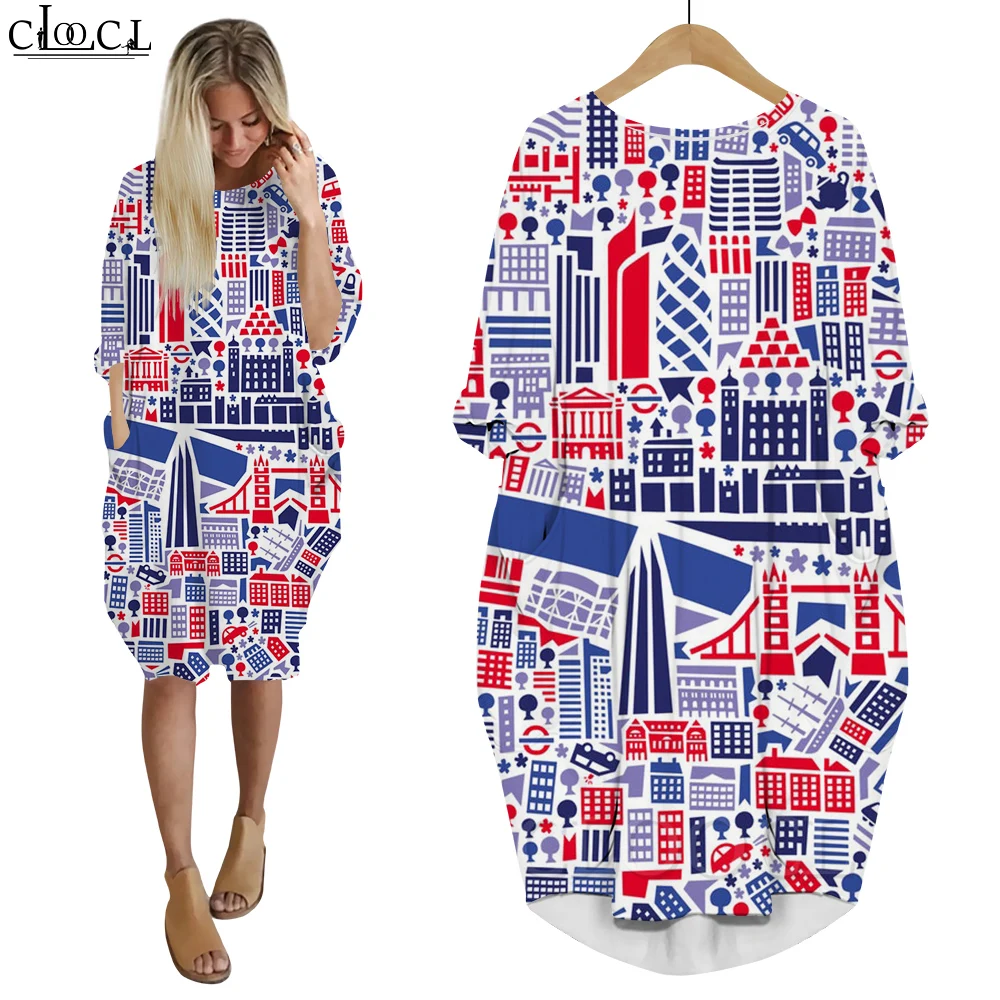 

CLOOCL Crew Neck Dresses with Pocket City Maze Printed Ladies Street Wear Long Sleeve Spring Summer Dresses Women's Robe