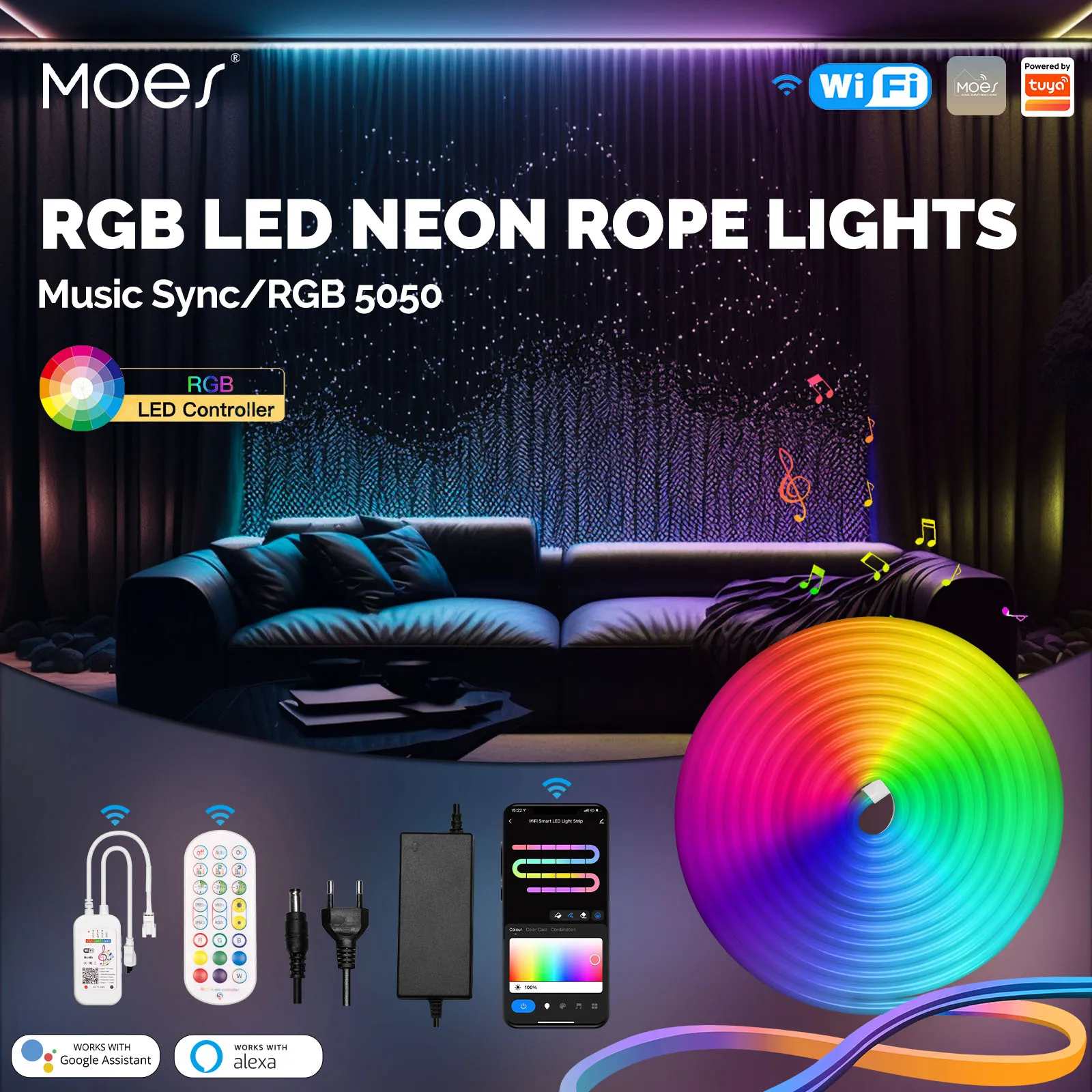 MOES Wifi Smart LED Neon Light Strip RGB Color Led Tape Lamp for TV Backlight, Home Party Decor Work with Alexa Google Home EU