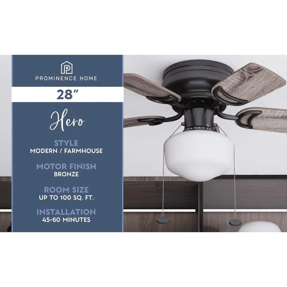 مروحة سقف مثبتة على السطح مقاس 28 بوصة مع سلاسل سحب خفيفة وشفرات قابلة للعكس ومروحة LED موفرة للطاقة في غرفة صغيرة