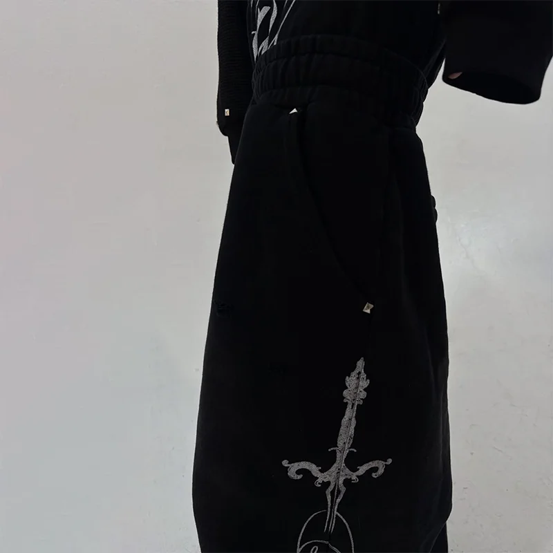 Y2K ريترو فاسق السراويل الفضة السيف رسالة الجرافيك طباعة القوطية مزدوجة الخصر Sweatpants أزياء الرجال النساء فضفاضة عارضة الشارع الشهير #4