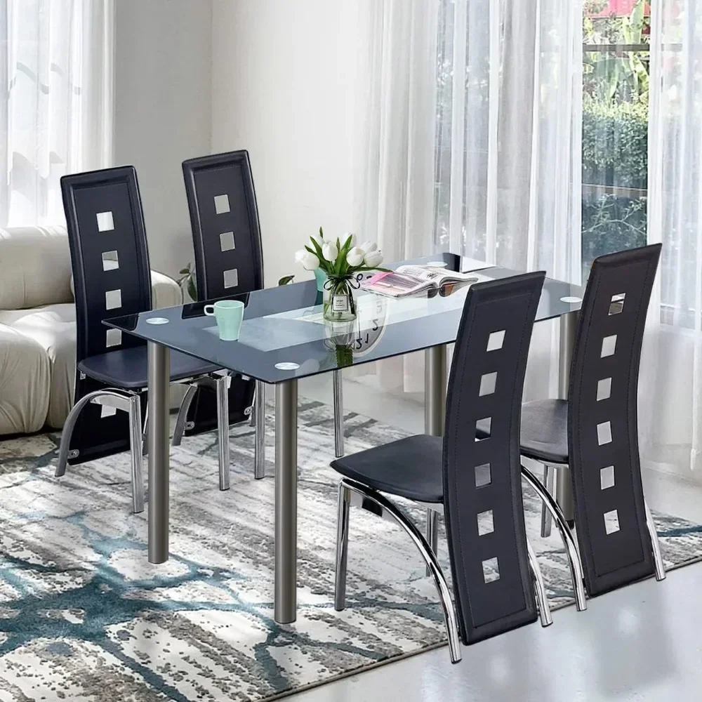 

4-person Dining Table Set, Small Tempered Glass Dining Table, Kitchen Table and Chair Set Suitable for Small Spaces