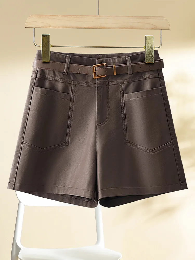

Brown Leather Shorts for Women, A-Line PU Boot Shorts, European