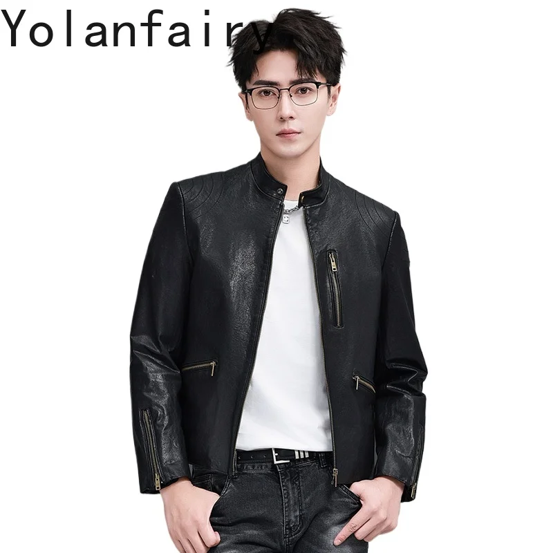 

YOLANFAIRY 2025 Real Leather Jacket Men Autumn Top Layer Vegetable-tanned Goatskin Coat Stand Collar Man Short Motorcycle Jacket
