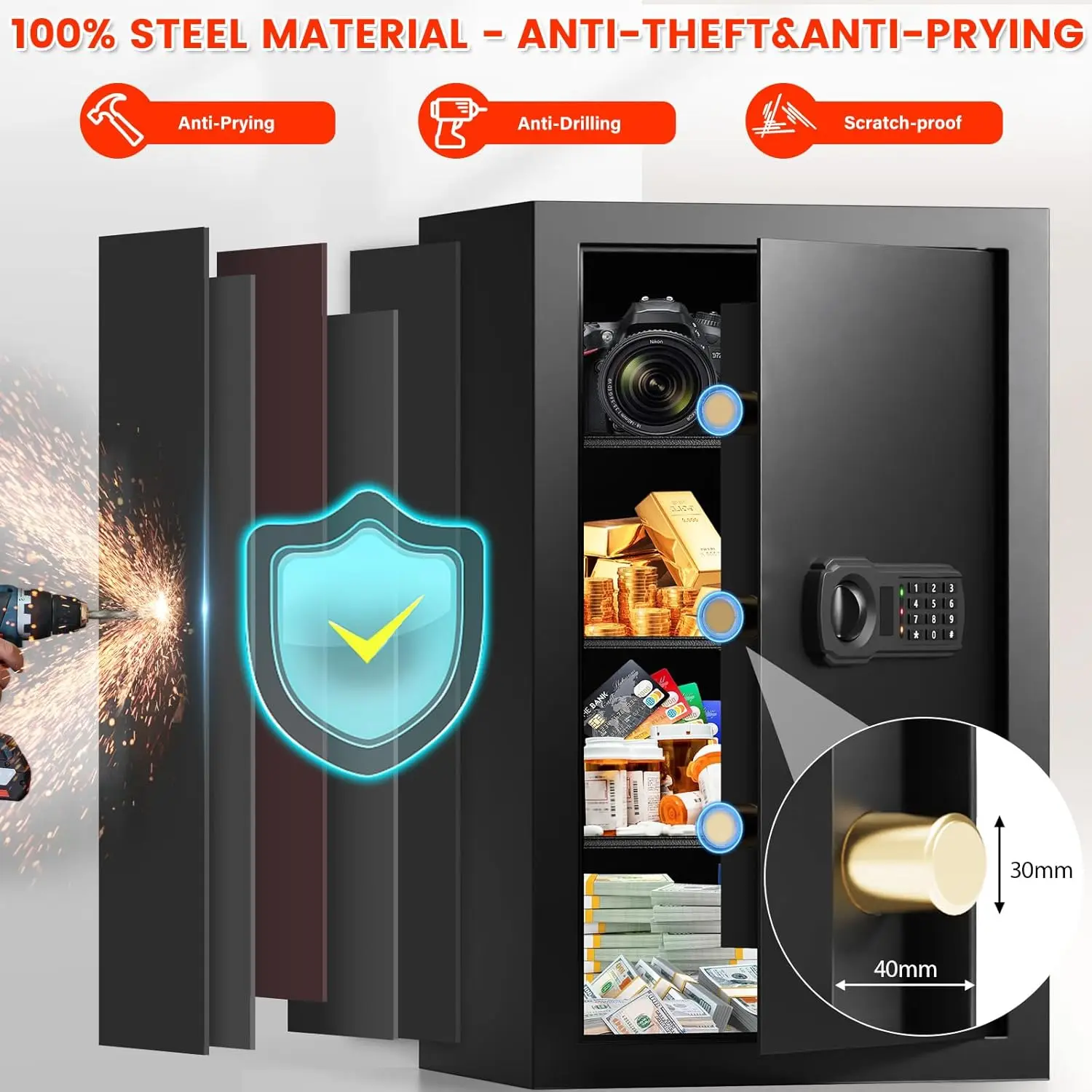 4.5 Cubic Large Fireproof Safe Box with Fireproof Document Bag, Personal Security Home Safe with 3 Removable Shelf, Anti-Theft L