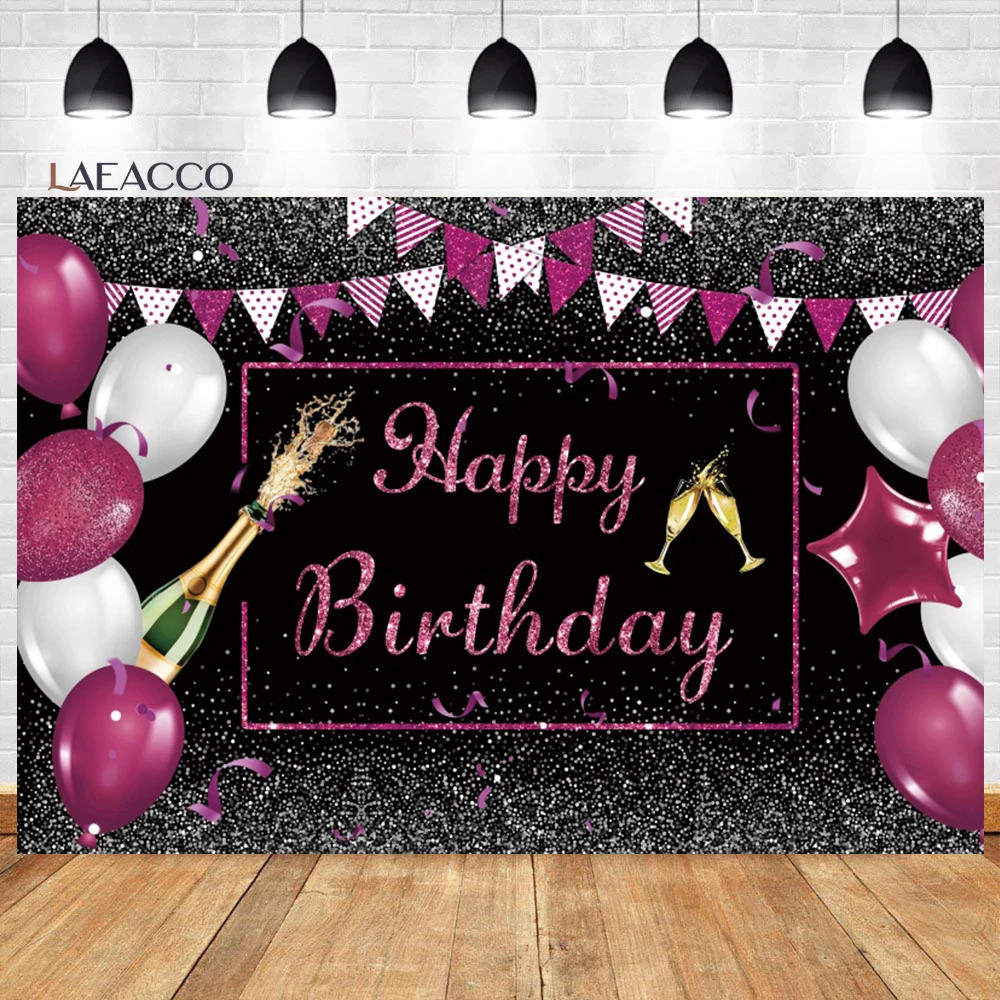 

Laeacco Fuchsia Balloons Birthday Background Gold Champagne Stars Women Girl Birthday Portrait Customized Photography Background