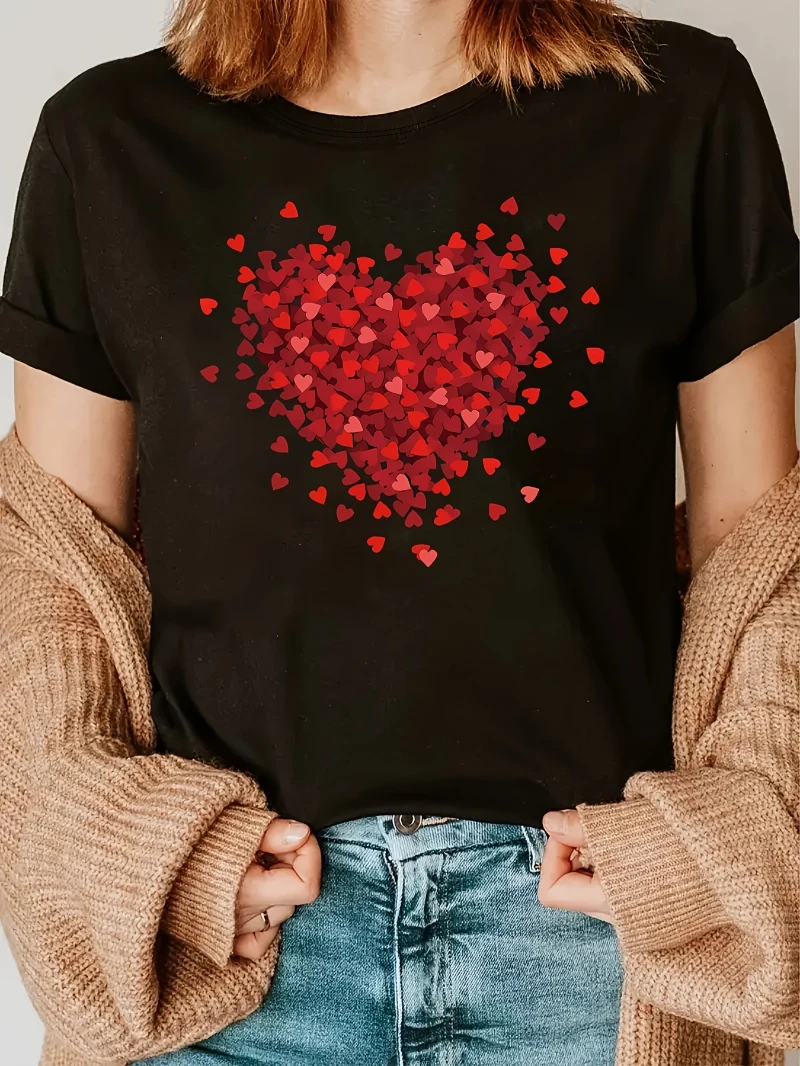 

Red Hearts T Shirt Women Valentine's Day Lover T-shirts Casual O-Neck Soft Tops Basics Short Sleeve Tees Free Shopping Clothes