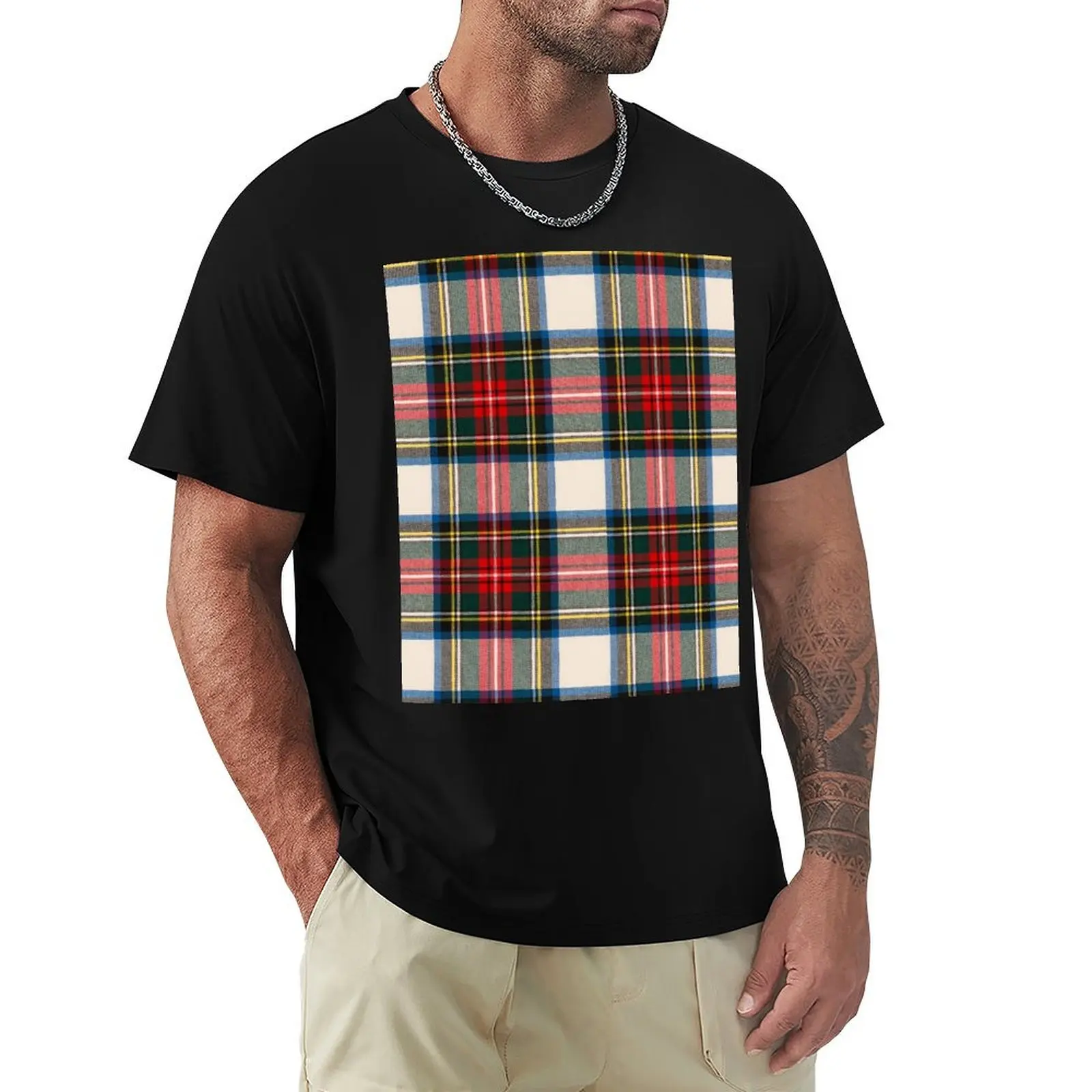 

Scottish Dress Tartan Printed Pattern, White and Red Stewart Clan T-Shirt Casual Trendy Streetwear Tee Shirt
