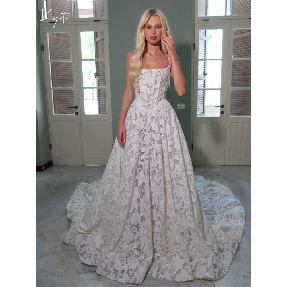 Kyoto personnalisé pleine dentelle Appliques a-ligne robe de mariée Spaghetti sangle Corset vestidos de novia parole longueur robes de soirée