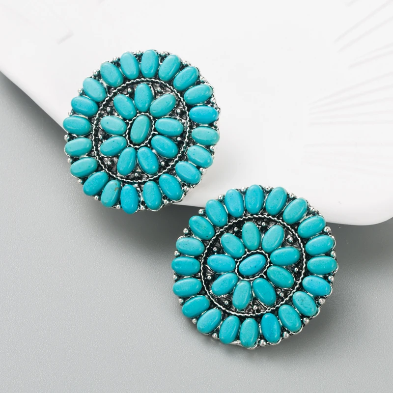 European and American Retro Geometric Round Turquoise Earrings, Fashionable and Personalized Temperament Turquoise Earrings