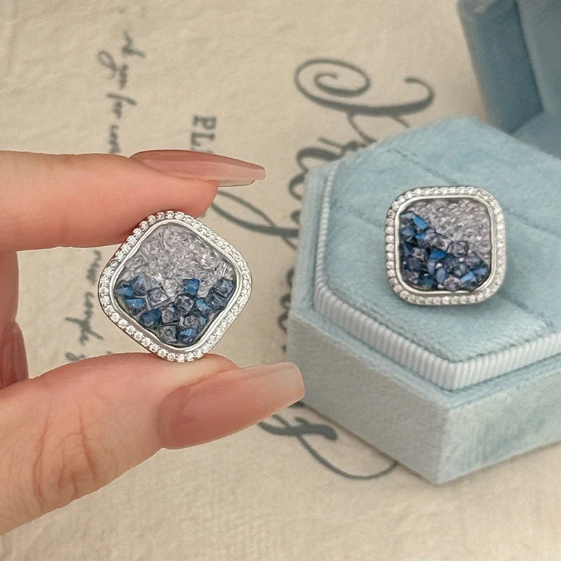 S999 Sterling Silver Needle Exquisite Full Zircon Square Stud Earrings for Women Trendy Elegant Fashion Jewelry Accessories