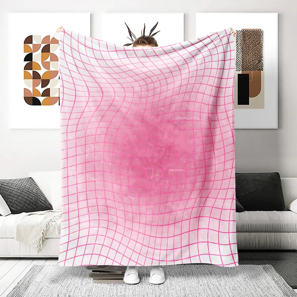 Pink Warped Grid Glow Flannel Blanket Perfect For Sofa Office Bed Travel Sleep Read Relax Camping Four Season Use