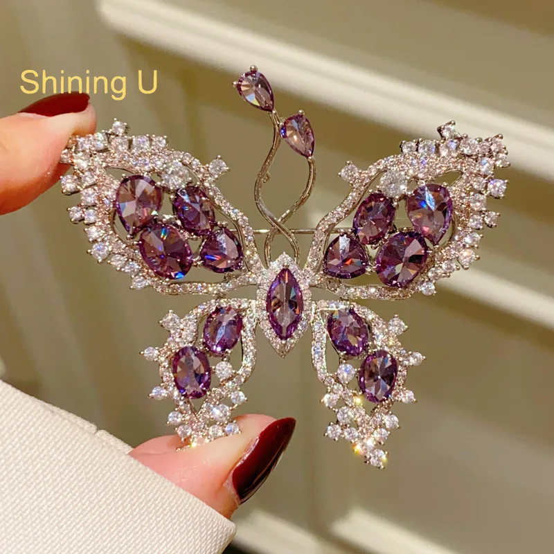 Shining U Luxury Violet Gems Butterfly Brooch for Women Fashion Accessory Gift
