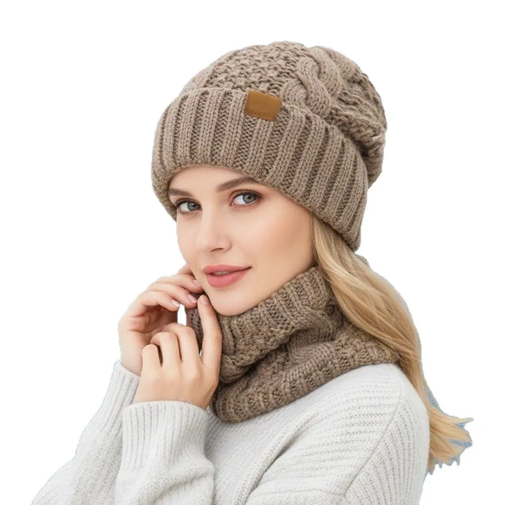 2-Piece Set Knit Hat Scarf Set Double Layer Thermal Design Beanie Hat & Neck Gaiter Thick Warm Cable Knit Thick Warm Beanie Hat