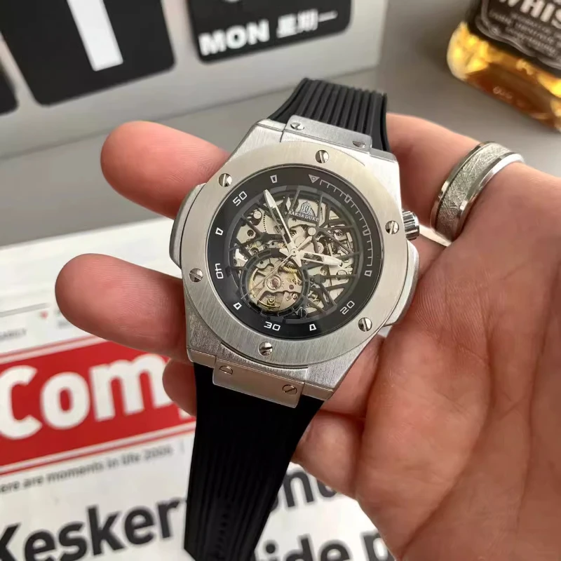 Montre automatique argentée pour hommes, cadran en acier inoxydable, Tourbillon rond, squelette, mécanique, horloge lumineuse