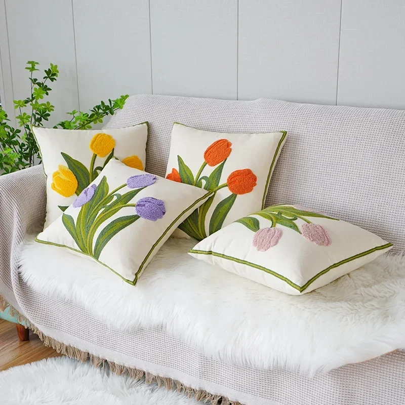 

1pc Flower Embroidered Cushion Cover Without Filler Modern Canvas Decorative Throw Pillow Cover For Home