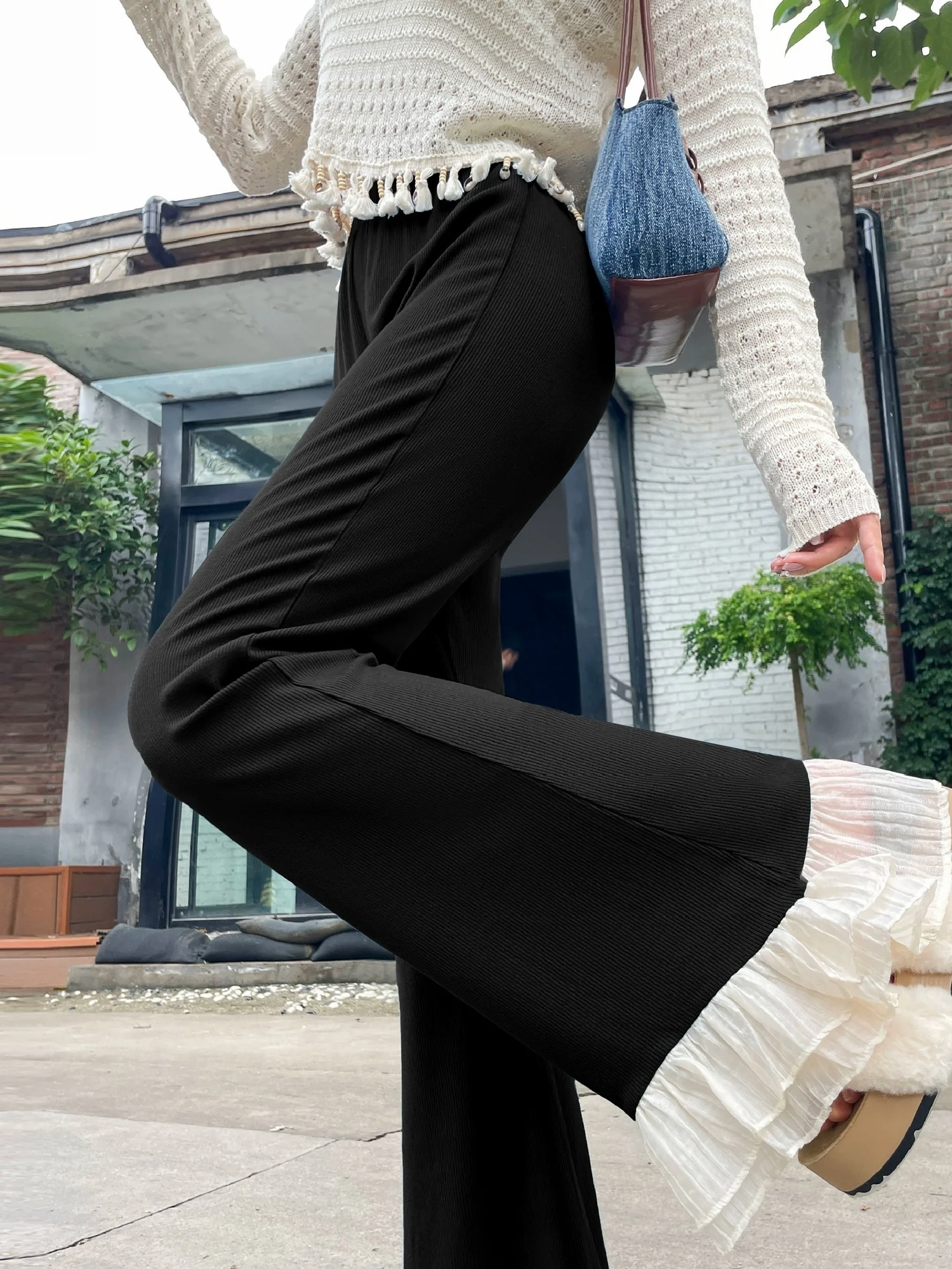 

Black Lace Knitted High Waist Bell Bottom Pants Women's Spring 2026 New Style Slimming Floor Length Casual Trousers