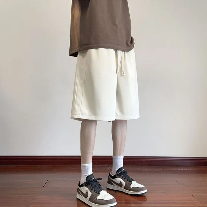 Summer Men New Loose Street Casual Solid Color Comfortable Shorts Elastic Waist Black Youth Drawstring All-match Middle Pants