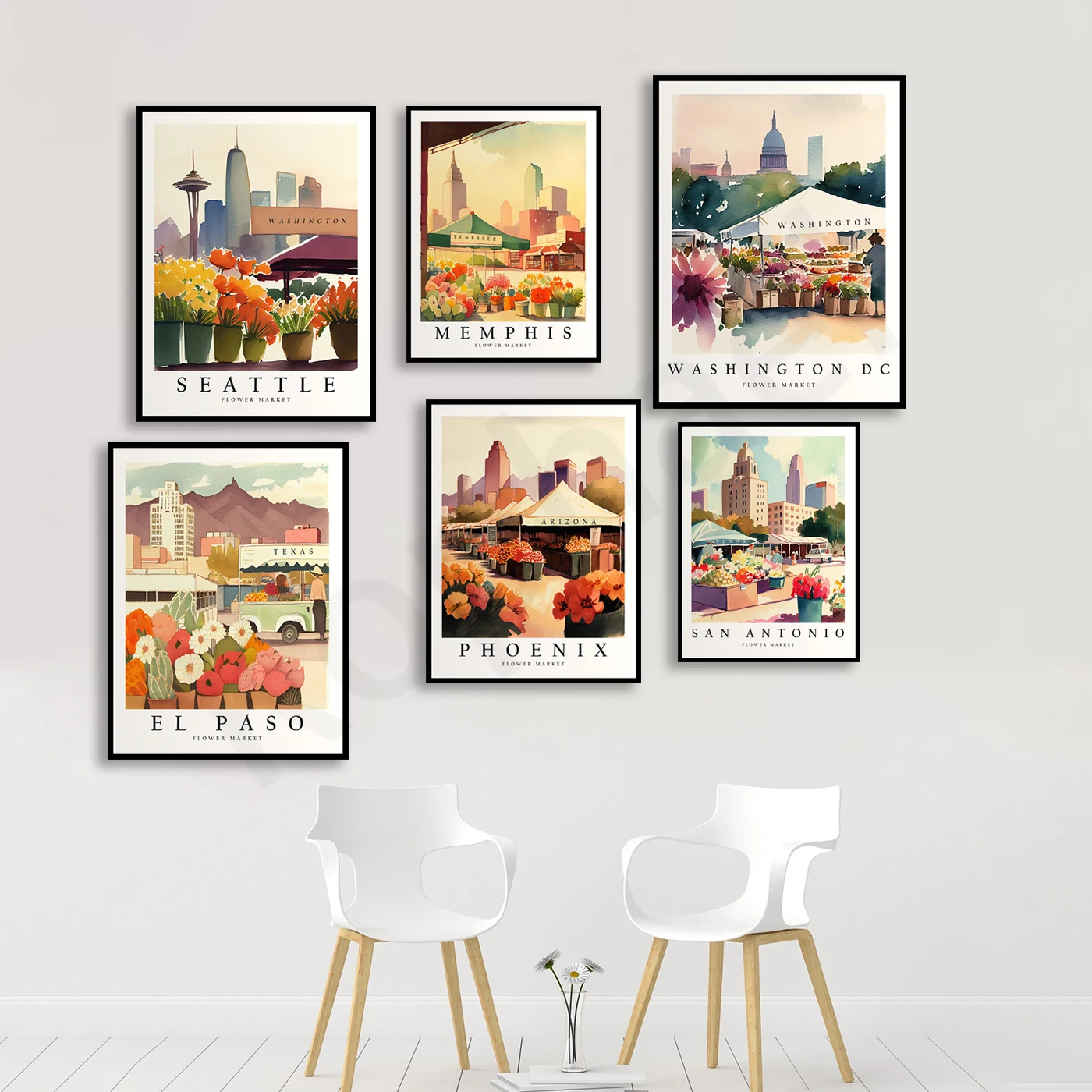 سان أنطونيو فينيكس سان دييغو إل باسو شارلوت ممفيس واشنطن سياتل سان خوسيه. ملصق سوق زهرة المدينة