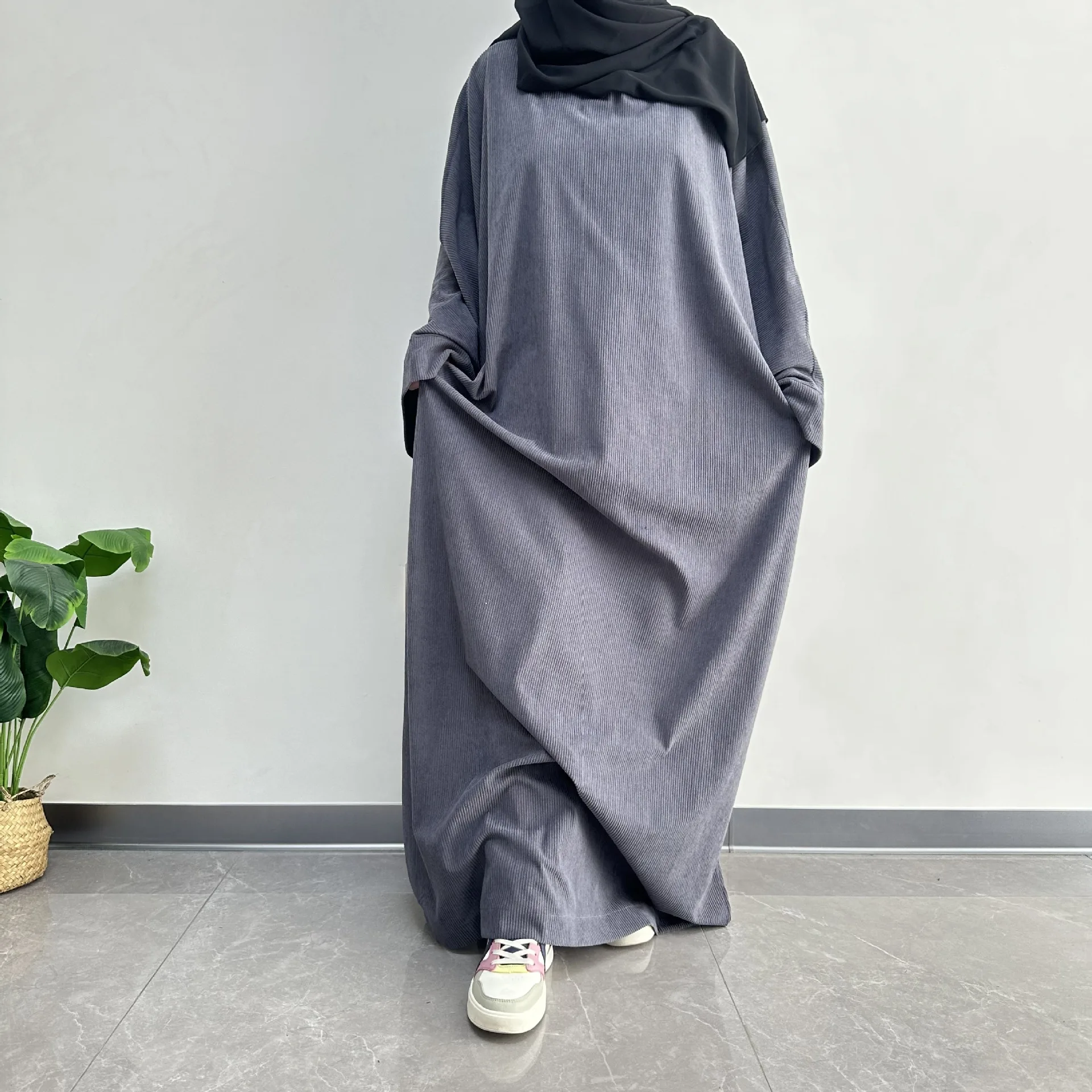 Hiver velours côtelé Abaya Robe pour femmes caftan dubaï modeste robes musulmanes Islam vêtements turquie solide Robe Kebaya Caftan Jalabiya