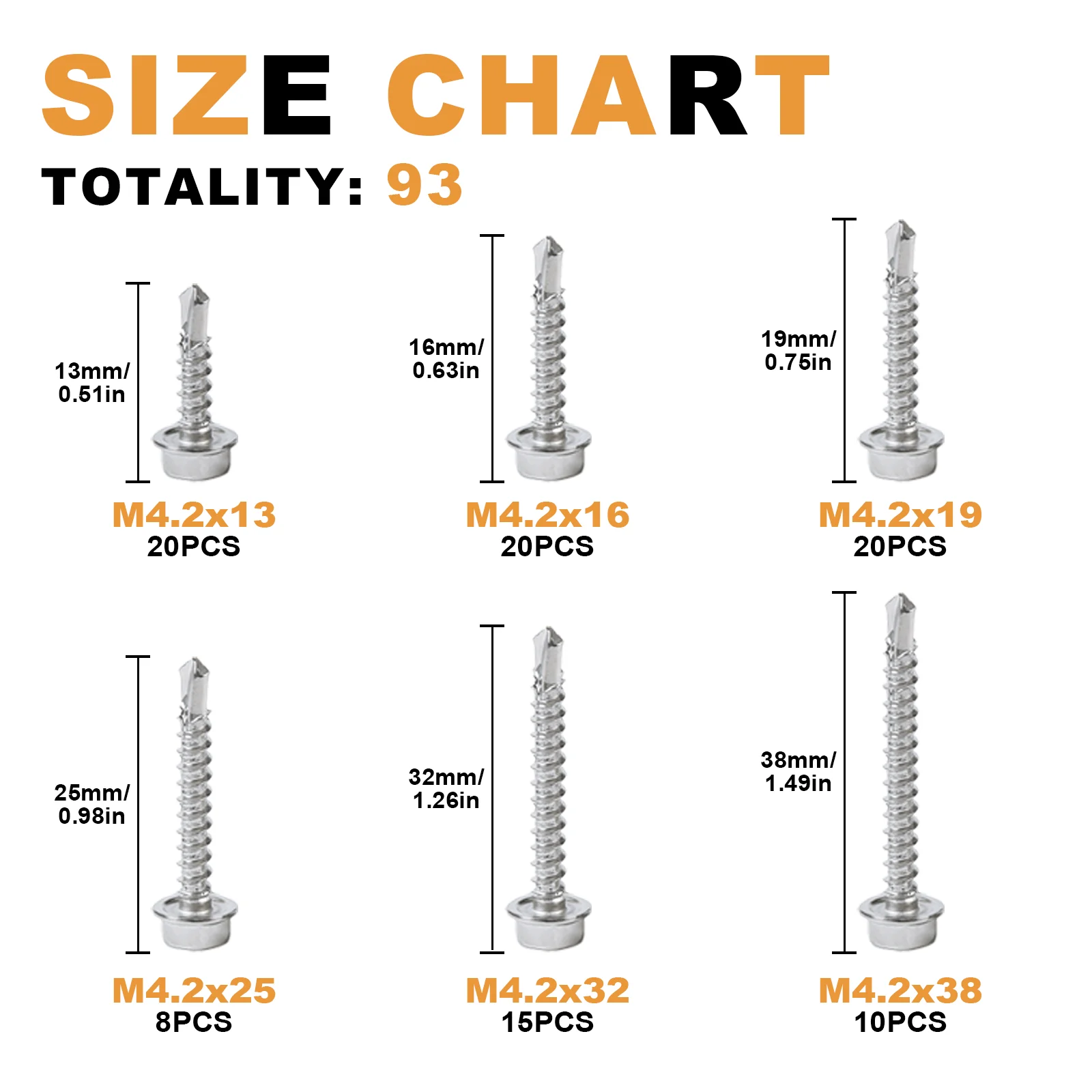 93Pcs #8 Stainless Steel Hexagonal Head Drilling Screws, TEk Screw Kit For Sheet Metal,Plastic,Wood