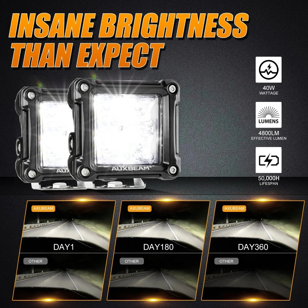 AUXBEAM FA Series 3 Inch LED Pod Lights with Wire Harness, Flood / Spot Off Road Roof Top / A Pillar / Front Bumper Work Light